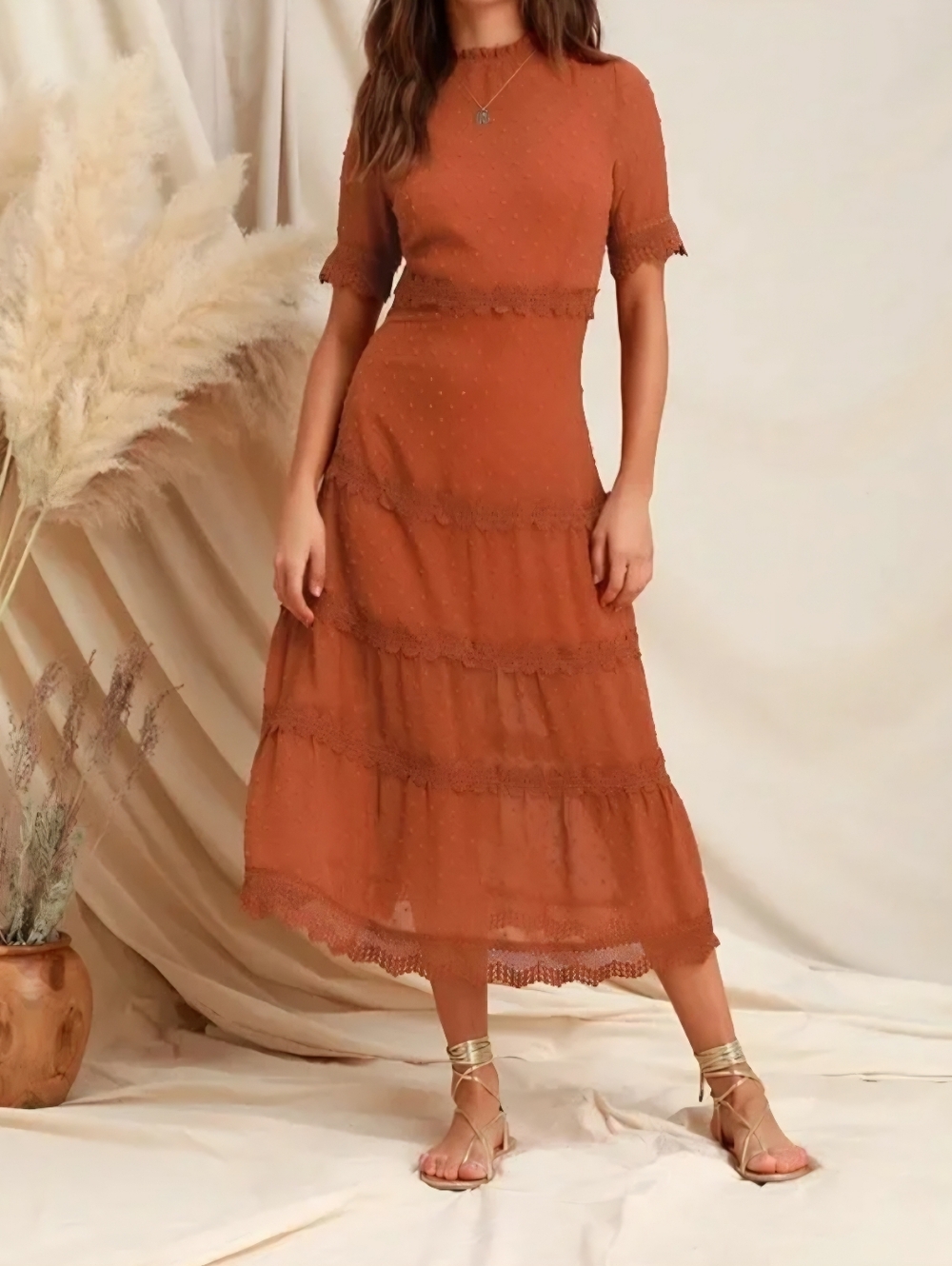 Lulu's Rust Orange Tiered Midi Dress